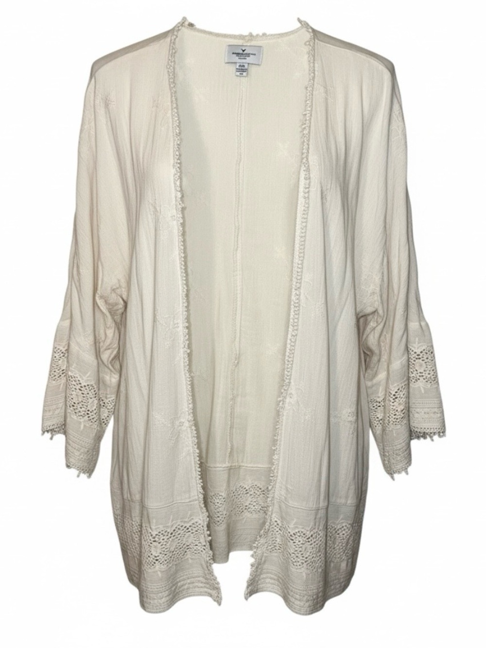 American Eagle Cream Crochet Bell Sleeve Open Front Kimono Cardigan Size L XL